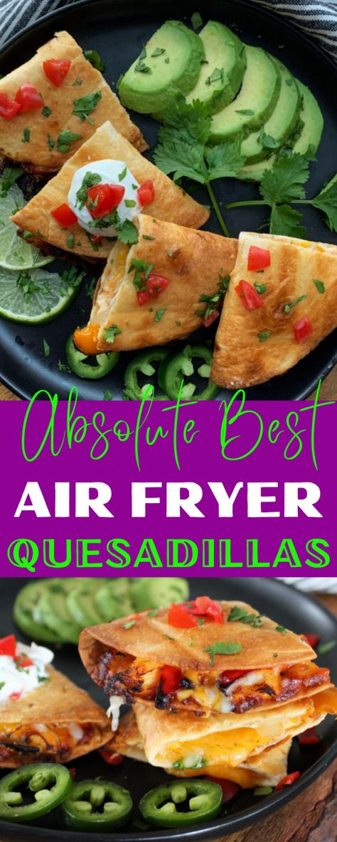 The absolute best air fryer quesadillas I've ever made. Quick and easy weeknight meal, snack or appetizer in just 10 minutes! Crispy tortillas filled with melty cheese + other fillings of your choice: chicken, beef, shrimp, roasted veggies, beans – how about leftovers from the fridge?! #airfryerquesadillas #airfryerchickenquesadillas #airfryer #airfryerrecipes #mexicanfood #mexicanrecipes #airfriedquesadillas #quesadilla #quesadillasrecipe #agoudalife Air Fryer Shrimp Quesadilla, Airfryer Quesadilla Recipes, Air Fryer Chicken Quesadilla Recipes, Chicken Quesadillas Air Fryer, Air Fryer Quesadillas, Air Fryer Quesadilla Recipes, Quesadillas In Air Fryer, Quesadillas Air Fryer, Quesadilla In Air Fryer