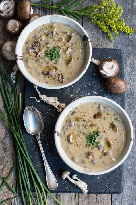 rich & velvety cream of mushroom soup | hit it with the immersion blender before adding cream Mashed Potato Soup, Cheddar Mashed Potatoes, Creamy Mushroom Soup, Mushroom Soup Recipes, Cream Of Mushroom Soup, Cream Of Mushroom, Roasted Mushrooms, Fun Salads, Creamy Mushrooms