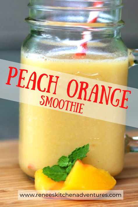 (Dairy Free) Peach Orange Smoothie by Renee's Kitchen Adventures. A dairy free, vegan, smoothie with the goodness of frozen peaches and fresh orange juice, blending with vanilla almond milk. Add a shot of peach schnapps and make it boozy! YUM! #RKArecipes #peachrecipes #smoothierecipe #vegan #dairyfree Peach Smoothie Recipes, Frozen Peaches, Fuzzy Navel, Dream Cafe, Fresh Orange Juice, Overnight Oats Recipe Healthy, Orange Smoothie, Amazing Breakfast, Boozy Desserts