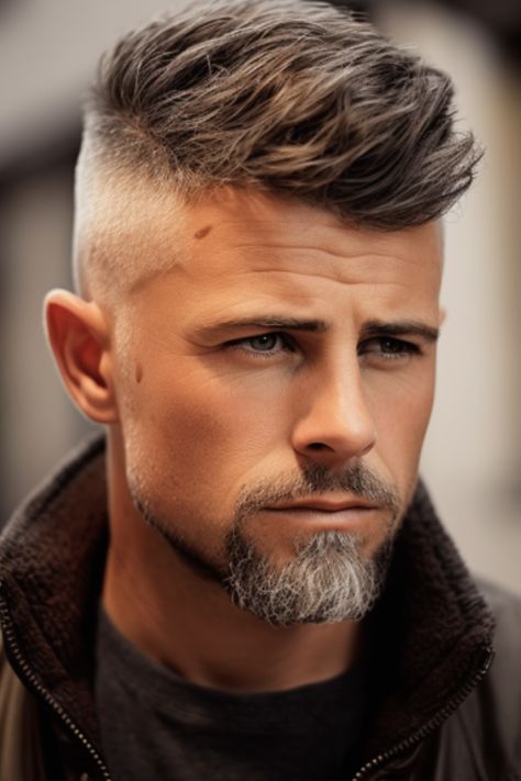 For a stylish look, go for a textured crop hairstyle combined with a high skin fade. The textured French crop adds depth and variety, which nicely contrasts with the faded sides. Click here to check out more stunning short sides, long top haircuts for men you’ll want to try. Side Haircut, Top Haircuts For Men, High Fade Haircut, High Skin Fade, Mens Hairstyles With Beard, Beard Styles Short, Gents Hair Style, Crop Hair, Short Beard