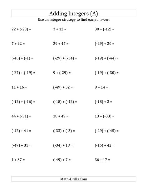 The Adding Integers from (-50) to 50 (Negative Numbers in Parentheses) (A)… Multiplying Negative Numbers, Addition Of Integers, Subtracting Negative Numbers, Adding Integers Worksheet, Subtracting Integers Worksheet, Subtracting Rational Numbers, Negative Numbers Worksheet, Multiplying And Dividing Integers, Adding Integers