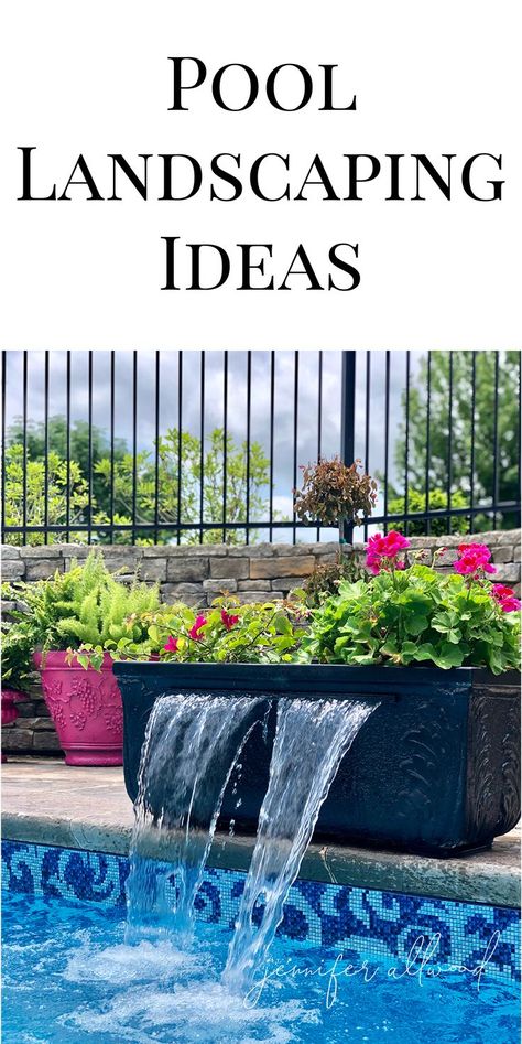 Small Pool Waterfall, Pool Water Feature Ideas, Waterfall For Pool, Flowers Around Pool, Inground Pool Deck Decorating Ideas, Pool Deck Decorating Ideas Seating Areas, Above Ground Pool Fountain, Pool Accessories Ideas, Simple Pool Landscaping