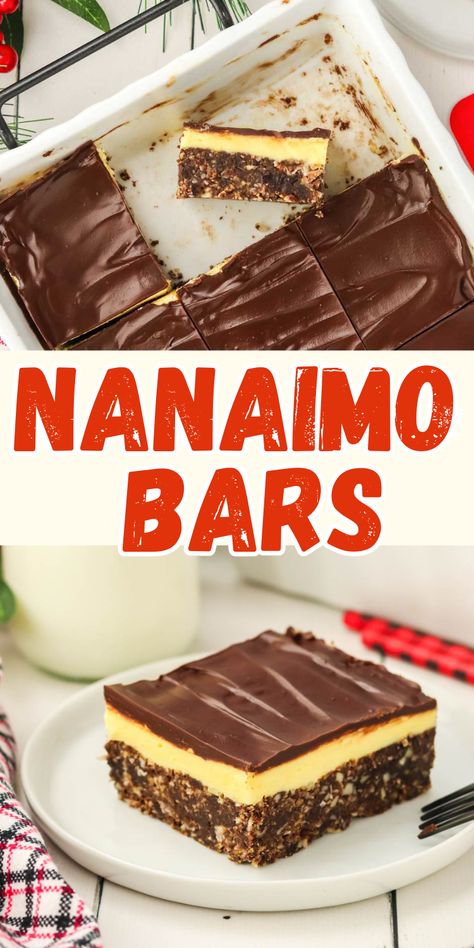 nanaimo bars Canadian Desserts, Canadian Dessert Recipes, Nanaimo Bars Recipe, Custard Buttercream, Chocolate Fridge Cake, Nanaimo Bar Recipe, Canadian Dessert, Canadian Recipes, Canadian Christmas