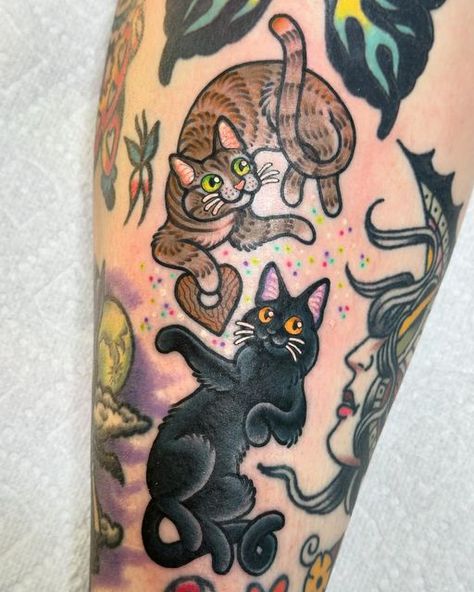 Ginny Marie Kalnasy on Instagram: "🥹 Thank you for asking for your kitties as a gap filler @lauryn.grace.hair So much fun! 🖤🧡 I have time in June! Email me to book! Ginnymarietattoos@gmail.com . . . #michigantattooartist #michigantattooer #ladytattooer #ladytattooartist #detroittattooartist #detroittattooer #ceruleanelectrictattoo #ginnymarietattoos #minnesotatattooartist #minnesotatattooer #minneapolistattooartist #minneapolistattooer #beetattoo #cattattoo #cattoo #pettattoo #pettattoos #kittytattoo #spookytattoo #ouijatattoo #ouija #spookykitty #spookyseason #spookytattoo #blackcattattoo #blackcat #truelove" Traditional Tattoo Animals, Minnesota Tattoo, Ouija Tattoo, Minneapolis Tattoo, Chicken Tattoo, Sailor Tattoo, Black Cat Tattoos, Traditional Tattoo Sleeve, Sweet Tattoos