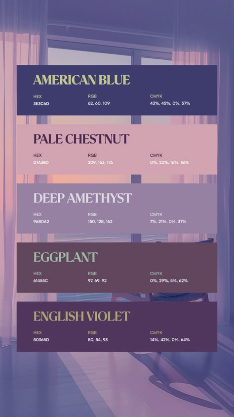 Colors:
3E3C6D
D1A3B0
9680A2
61455C
50365D Color Palletes Art, Unique Color Names, Hex Color, Color Design Inspiration, Purple Color Palettes, Hex Color Palette, Color Pallete, Color Schemes Colour Palettes, Palette Art