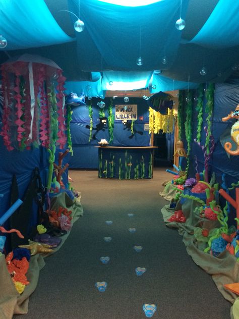 Homecoming Hallways, Vbs Ocean Theme, Submerged Vbs, Ocean Vbs, Hallway Decorations, Studio Booth, Underwater Party, Under The Sea Decorations, Shark Tail