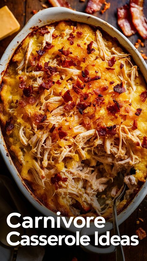 Carnivore Chicken and Bacon Casserole the ultimate comfort food! Simple Keto Meal Ideas, Carnivorous Diet Recipes, Carnival Diet Recipes, Carnivore Packed Lunches, Creative Carnivore Recipes, Carnivore Diet Recipes Meal Prep, Carnivore Diet Recipes Videos, Not Losing Weight On Carnivore Diet, Sides For Carnivore Diet