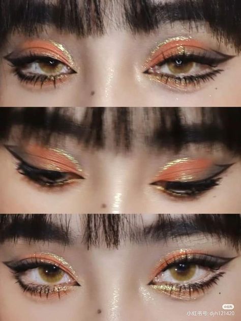 Nature Eye Makeup, Makeup Looks Grunge Y2k, Avant Garde Makeup Looks, Lovelock Hair, Orange Goth Makeup, Orange Douyin Makeup, Glamour Witch Aesthetic, Dark Skin Eye Makeup, Runway Model Makeup