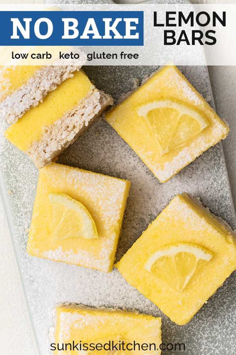 A delicious low carb lemon bar made with a almond and coconut crust. The perfect no bake lemon bars for a summery treat! Lemon Bars No Bake, No Bake Lemon Bars Easy, Low Calorie Lemon Bars, Keto Lemon Bars Coconut Flour, Sugar Free Lemon Bars, Keto No Bake Lemon Cheesecake, Lemon Desserts Healthy, Low Carb Lemon Bars, Paleo Lemon Bars