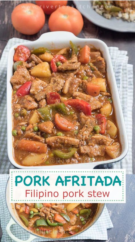 Pork Afritada Recipe, Pork Afritada, Pilipino Food Recipe, Filipino Pork Recipes, Phillipino Food, Pork Stew Meat, Japanese Street Food, Pork Stew, Braised Pork