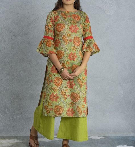 Green Block Print Bell Sleeve Kurta Set   Green hanblock boat neck kurta with bell sleeve paired with khadi cotton green wide leg pant, palazzo. #affordable fashion - set of a tunic and pant Bell Sleeves Kurti, Sleeves Kurti, Green Block Print, Block Printed Kurta, Kurti Sleeves Design, Simple Kurti Designs, Kurti Designs Latest, Long Kurti Designs, Fashion Design Collection