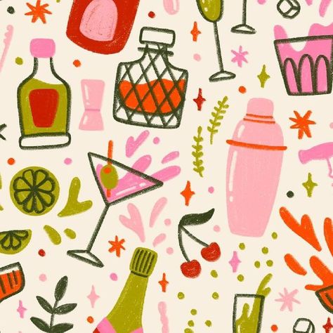 Cocktail Pattern Illustration, Party Illustration Art, Trending Illustration, Fall Illustration, Christmas Wall Prints, Party Illustration, Sketching Illustration, Aesthetic Illustration, Artsy Background