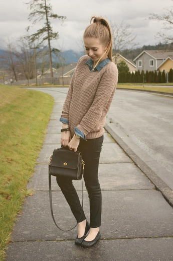 @roressclothes closet ideas #women fashion outfit #clothing style apparel Camel Sweater and Denim Shirt via Sweater Over Collared Shirt, Collared Shirt And Sweater, Collared Shirt Outfits, Sweater Layering, Estilo Preppy, Mode Casual, Casual Work Outfits, Geek Chic, Work Outfits Women