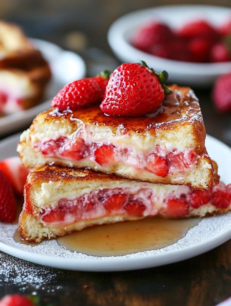 Strawberry Cheesecake Stuffed French Toast   🍓 𝗜𝗻𝗴𝗿𝗲𝗱𝗶𝗲𝗻𝘁𝘀  🍓  For the Filling: 8 oz cream cheese, softened 1/4 cup powdered sugar 1 tsp vanilla extract 1 cup diced strawberries For the French Toast: 8 slices thick-cut bread 4 large eggs 1 cup milk 1 tsp vanilla extract 1/2 tsp ground cinnamon Butter, for frying For Serving: Maple syrup Additional diced strawberries Optional: Powdered sugar Strawberry Cream Cheese Stuffed French Toast, Strawberry Cheesecake French Toast, Cheesecake Stuffed French Toast, Carb Breakfast Ideas, Diced Strawberries, Stuffed French Toast Recipe, Easy Dessert Ideas, Cheesecake French Toast, Chocolate French Toast