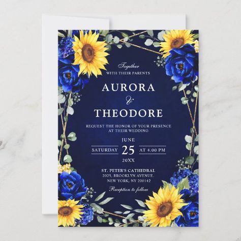 Royal Blue Rustic Sunflower Geometric Wedding Inv Invitation Royal Blue Country Wedding, Royal Blue And Yellow Wedding Theme, Royal Blue And Sunflower Wedding, Royal Blue And Yellow Wedding, Blue Sunflower Wedding, Blue And Yellow Wedding, Blue Yellow Weddings, Prince Wedding, Sunflower Invitations