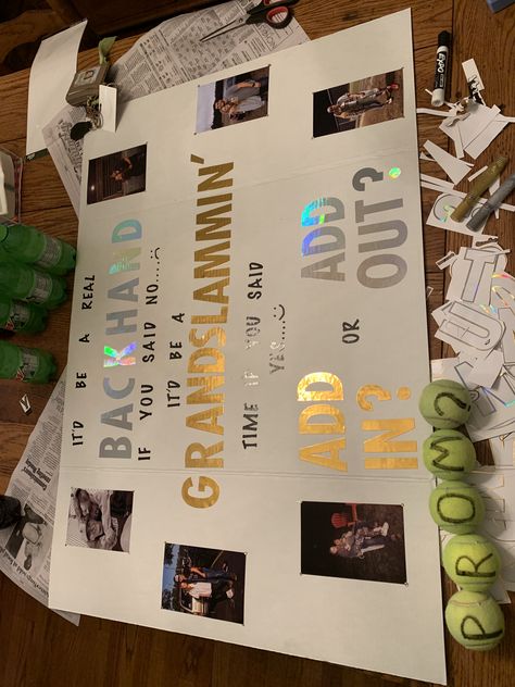 Tennis Themed Hoco Proposal, Tennis Promposal Ideas, Promposal Ideas Tennis, Tennis Hoco Proposals Ideas, Tennis Homecoming Proposal Ideas, Tennis Themed Hoco Poster, Tennis Prom Proposal, Tennis Hoco Signs, Posters For Sadies Dance