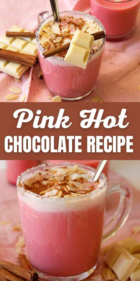 pink hot chocolate Pink Hot Cocoa, Pink Hot Chocolate, Romantic Treats, Flake Chocolate, Pink Dessert, Pink Desserts, Hot Cocoa Recipe, Hot Chocolate Recipe, Smoothie Drink Recipes