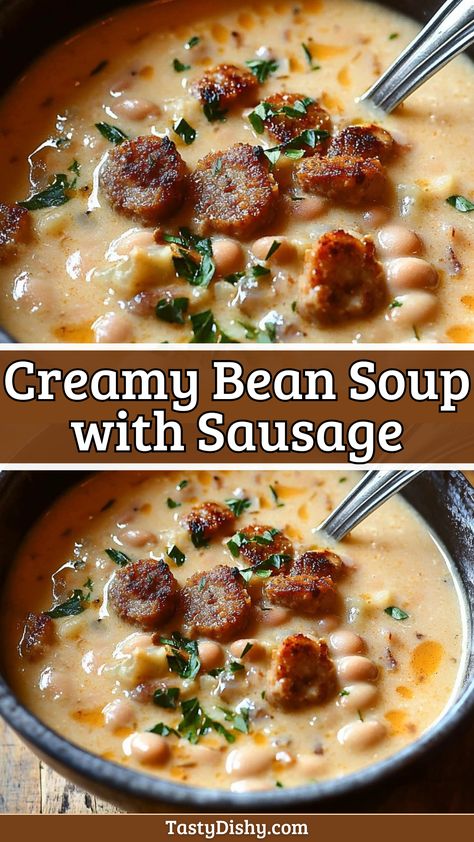 Creamy Bean Soup with Sausage Sausage Bean Potato Soup, Pork And Bean Soup Recipes, Smoked Sausage And White Bean Soup, Italian Sausage Bean Soup, Sausage And Bean Soup Recipes, Country Sausage Soup, Turkey And Sausage Soup, Soups With Smoked Sausage, Creamy Bean Soup With Sausage