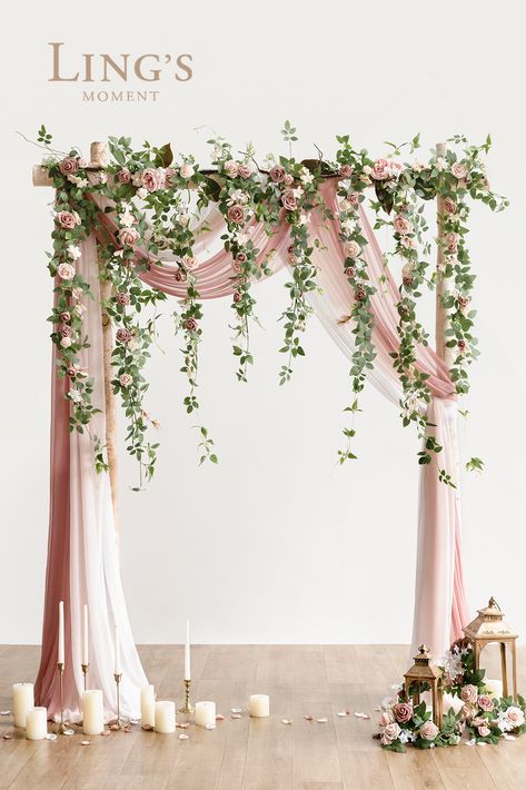 Planning on a having a beautiful wedding arch for your big day? Don't forget about flowers and decor for your wedding arch! Our DIY wedding arch flowers are simple yet elegant and can be used for both a round arch or a square arch. When you purchase your wedding arch flowers from Ling's moment, we will teach you how to make your wedding arch look beautiful whether your wedding is at the beach or in a chapel. Check out these wedding arch flowers in dusty rose and cream! Wedding Arch With Hanging Flowers, Gold Wedding Arch Ideas, Hanging Flowers Wedding Arch, Wedding Arch Floral Arrangements, Wisteria Wedding Arch, Rectangular Wedding Arch, Pink Flower Arch, Harley Wedding, Alter Flowers