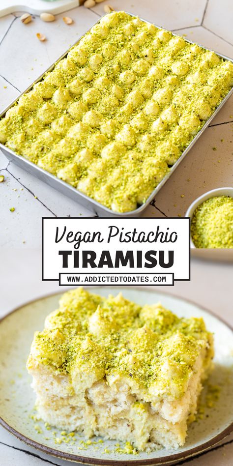 pistachio tiramisu with a bright green chopped pistachio topping on a ceramic plate. Pistachio Mascarpone, Pistachio Tiramisu Recipe, Pistachio Tiramisu, Vegan Pistachio, Fluffy Sponge Cake, Pistachio Syrup, Vegan Tiramisu, Vegan Baking Recipes, Mascarpone Cream