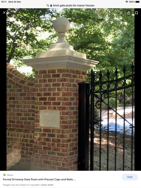 Brick Columns Driveway, Brick Pillars, Brick Columns, Outdoor Gate, School Entrance, Driveway Entrance, Brick Fence, Colonial Exterior, Stone Pillars