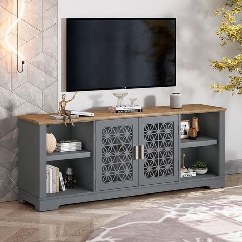 PRICES MAY VARY. Transform your living room with this 70-inch TV stand, featuring a beautiful decorative floral door, adjustable shelf and cable management cutouts. With its rustic ranch style and plain wood looking countertop, this TV stand will elevate your home decor while accommodating up to a 150 lb, 80 inch flat panel TV. Easy to assemble with step-by-step instructions and hardware included, enjoy a quick and hassle-free installation. Product Dimensions: 70" W x 15.5" D x 27" H Accommodate 70 Inch Tv Stand, Grey Tv Stand, Modern Tv Cabinet, Tv Stand Decor, Tv Stand Console, Rack Tv, Tv Set, Living Room Tv Stand, Adjustable Shelf