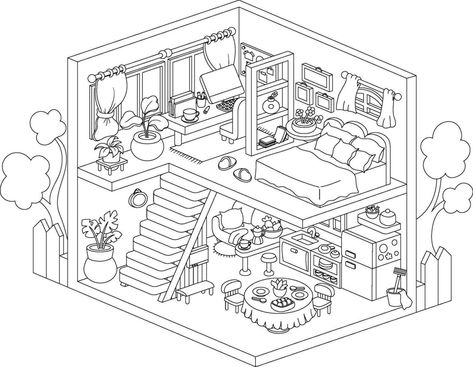 Coloring Pages Interior, Rooms Drawing, Kitchen Black And White, Bedroom Cartoon, Casa Interior, Home Illustration, Isometric Drawing, House Colouring Pages, Cartoon House