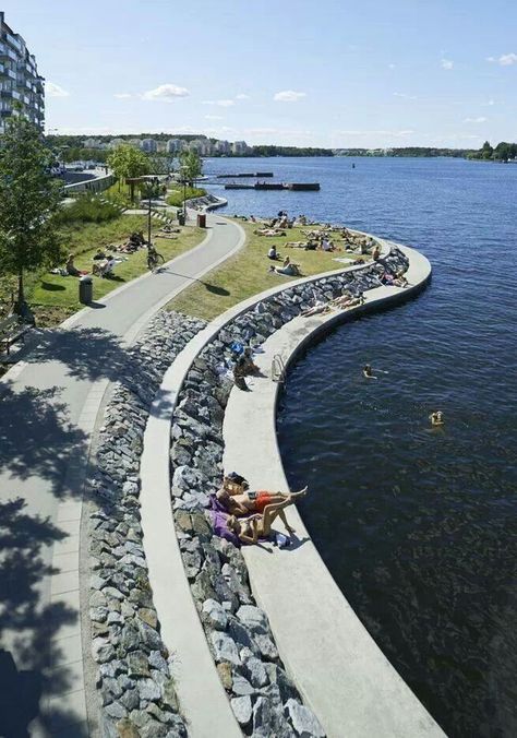 Waterfront promenade. Genuis idea, a lovely place to enjoy the summer sun!: Waterfront Architecture, Urban Landscape Design, Landscape And Urbanism, Landscape Architecture Design, Urban Park, River Bank, Parking Design, Stockholm Sweden, Sustainable Architecture