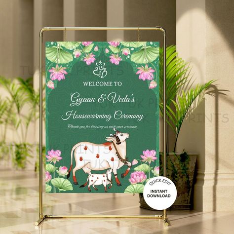 Pichwai Indian housewarming sign, Gruhapravesha Sign, Griha Pravesha Welcome Sign House Warming Decorations Indian Usa, Housewarming Welcome Board, Indian Housewarming, Housewarming Sign, Indian Invitation, Indian Invitation Cards, Home Flower Decor, Graphic Cow, House Warming Ceremony