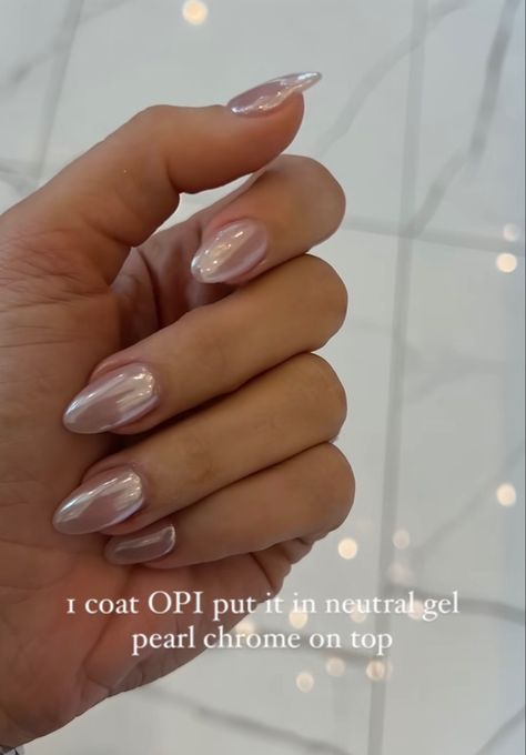 Nails Nye 2023, Bridesmaid Fall Nails, Neutral Vacation Nails Almond, Almond French Tip Chrome Nails, Neutral Fall Nails Chrome, Honeymoon Nails Ideas Beach, Opi Chrome Nails, Hailey Bieber Nails Brown Glazed, Wedding Party Nails