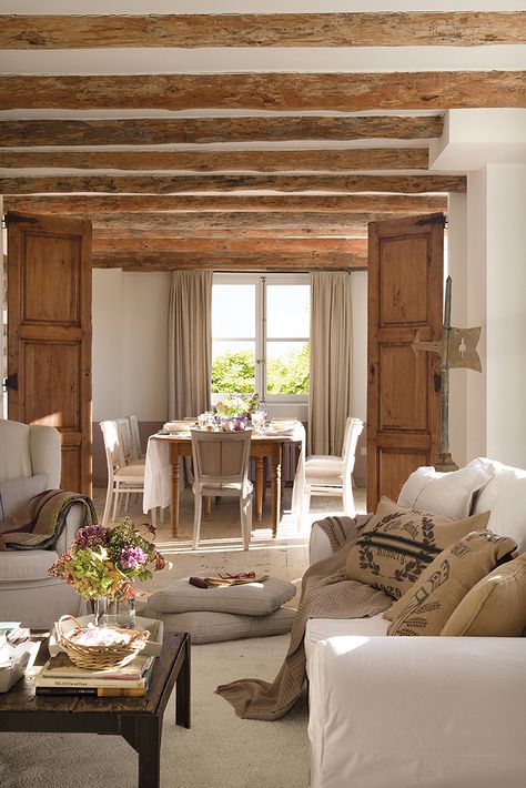 RU3 Rustic Cottage Interiors, Spanish Interior, Wood Beam Ceiling, Cottage Interior, Southwest Decor, Cottage Interiors, Country House Decor, The Ceiling, A Living Room