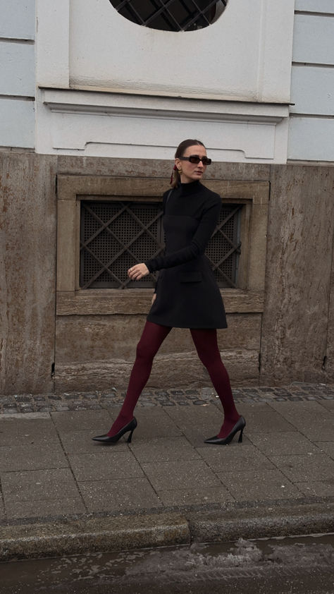 Black Dress With Red Tights, Black Dress Burgundy Tights, Burgundy Thighs Outfit, Dark Red Tights, Burgundy Stockings Outfits, Red Thighs Outfit, Colourful Tights Outfit, Black And Burgundy Outfit, Black Dress And Tights