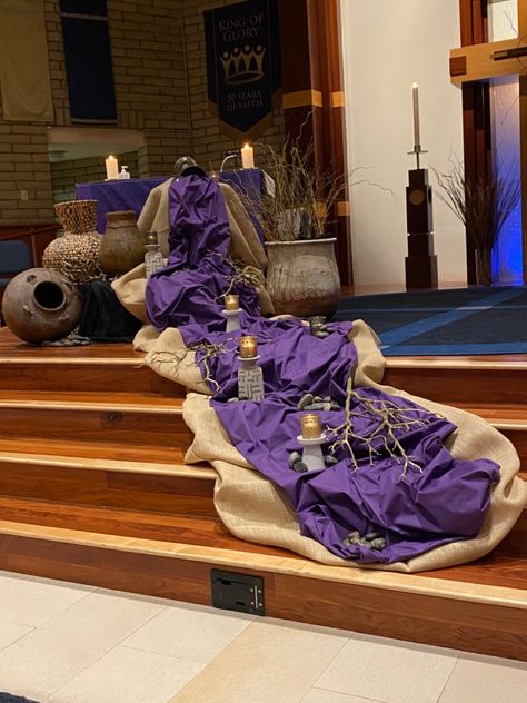 Altar for Lent at the Lutheran Church Lent Altar Decorations Ideas, Lent Church Decorating Ideas, Lent Decorations For Church Altar, Ash Wednesday Decorations For Church, Lent Church Decorations, Lenten Decorations For Church, Pulpit Decorations Church, Lent Decor, Easter Altar Decorations