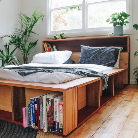 Platform bookshelf bed made out of recycled timber, handmade by Al + Imo www.alandimohandmade.com.au MELB . SURF COAST . AUS Platform Bed Bookshelves, Book Bed Frame, Diy Bookcase Bed Frame, Bed Bookshelf Headboard, Bed Frame With Bookshelves, Book Shelf Bed Frame, Shelf Bedframe, Bed On Shelves, Bookshelf Bedframe