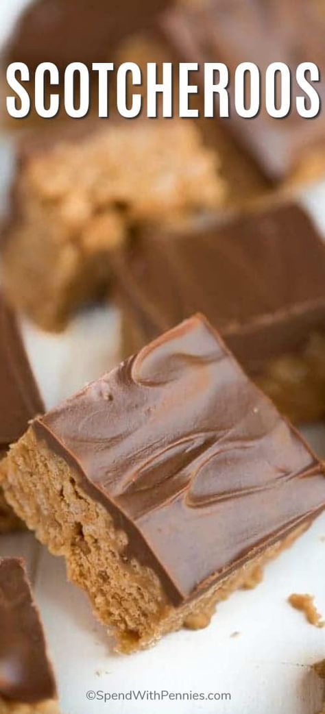 Scotcheroos are a quick and easy no bake dessert that needs just six ingredients and ten minutes to make! These are made with Special K cereal loaded with peanut butter and butterscotch flavor, and are a definite crowd pleaser. #spendwithpennies #scotcheroos #easyrecipe #easydessert #butterscotch #cereal K Bars, Special K Bars, Scotcheroos Recipe, Special K Cereal, Easy Bakes, Bake Sweets, Easy Bar Recipes, Dessert Squares, Chocolate Peanut Butter Desserts