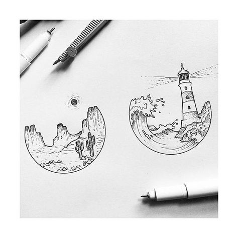 Tiny landscapes by @alucinori  #blackworknow if you would like to be featured Air Balloon Tattoo, Stylo Art, Micro Art, Tattoo Wallpaper, Balloon Tattoo, Some Drawings, Lighthouse Tattoo, Arte Doodle, Circle Drawing