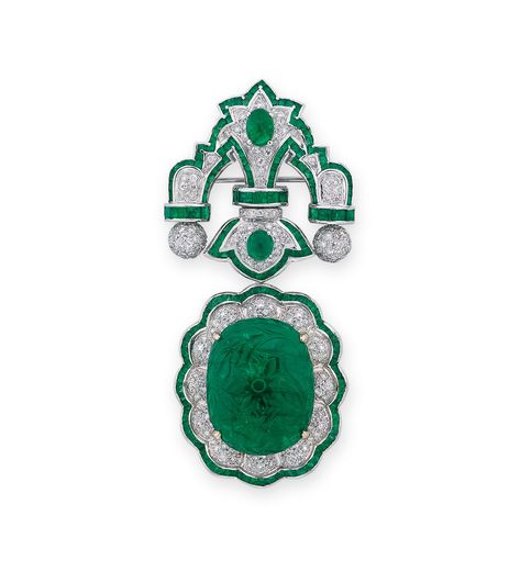 AN EMERALD AND DIAMOND BROOCH, BY ADLER | Christie's Carved Emerald, Detachable Pendant, Diamond Tops, Gold Starburst, Brooch Men, Beads Jewellery, Circle Diamond, Diamond Brooch, Mom Jewelry