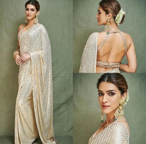 12 Celebrity Saree Styles We Are Crushing Over This Year #outfittrends #sareeoutfits #celebrities Kriti Sanon Blouse Designs, Saares Farewell, Celebrity Saree, Blouse Designs Catalogue, Pattu Saree Blouse Designs, Backless Blouse Designs, New Saree Blouse Designs, Blouse Back Neck Designs, Silk Saree Blouse Designs