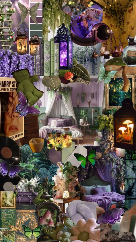 this is a forest green/purple room aesthetic. filled with fairy’s, butterflies, plants and so much more Purple And Green Bedroom Aesthetic, Green And Violet Aesthetic, Purple And Green Room, Purple And Green Aesthetic, Green And Purple Aesthetic, Forest Room Aesthetic, Forest Green Bedrooms, Fairycore Bedroom, Purple Room Aesthetic