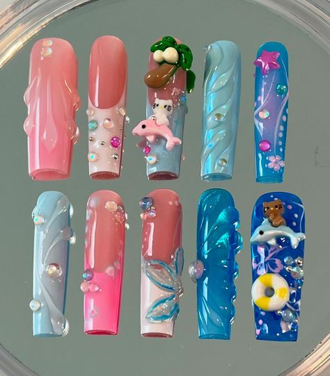 Hello kitty summer freestyle set 🐬🌊🌸 . . . #pressonnails #hellokittynails #sanrionails #oceannails #waternails #summernails #longsquare #frenchtipnails Hawaiian Hello Kitty Nails, Hawaiian Hello Kitty, Hello Kitty Summer, Kitty Nails, Water Nails, Anime Nails, Hello Kitty Nails, Diy Nail Designs, French Tip Nails