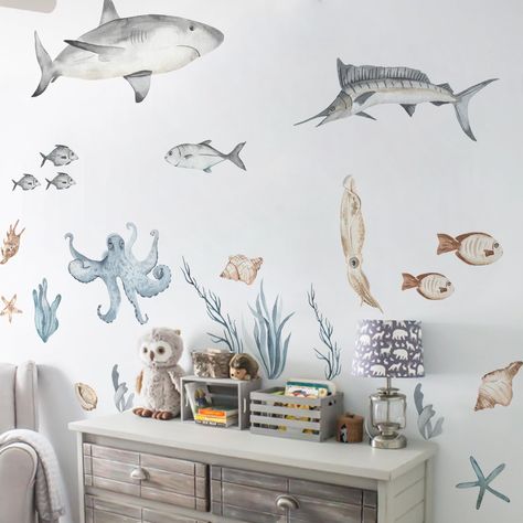 PRICES MAY VARY. Value Package:6 Sheets.Finish size on wall:250*200 cm/78.74*78.74 inch.Since this wall sticker is composed of multiple animal stickers, the size of the special mask is irregular, depending on the actual received goods. In order to facilitate transportation, we made a scroll shape, which needs to be paved before pasting. Diverse Styles: Large size Marine animal stickers, whales, sharks, shells, octopus, starfish, coral and other components, colorful, beautiful and realistic, very Shark Nursery, Ocean Themed Bedroom, Ocean Themed Nursery, Whale Decor, Sea Nursery, Nursery Stickers, Kids Room Murals, Ocean Nursery, Animal Wall Decals