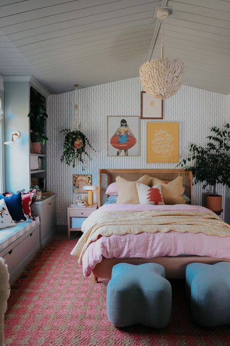 Lola Bedroom with Wallpaper and Shiplap Dormer Ceiling - Nesting With Grace Zoe Sugg Bedroom, Bedroom Ideas Australia, Nesting With Grace Girls Bedroom, Colorful Primary Bedroom, Eclectic Girls Bedroom, Dormer Ceiling, Wallpaper And Shiplap, Painted Ceiling Bedroom, Bedroom Ceiling Wallpaper