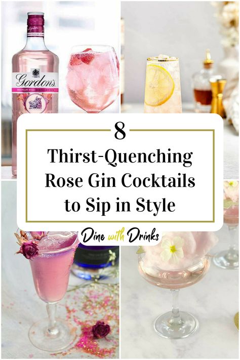 Collage of 4 rose gin cocktails. Rose Gin Cocktail Recipe, Empress Rose Gin Cocktail, Pink Gin And Tonic, Rose Gin Cocktail, Rose Cocktails, Rose Cocktail Recipes, Pink Gin Cocktails, Bar Tending, Gin Drink Recipes