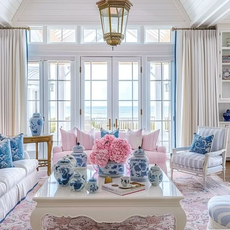 Image Pink And Blue Coastal Living Room, Blue Great Room, Pink And Blue Living Room Ideas, White Wall Living Room Ideas, Ladies Sitting Room, Blue Craft Room, Pink Blue Living Room, Colorful Decorating Ideas, Blue Willow Decor