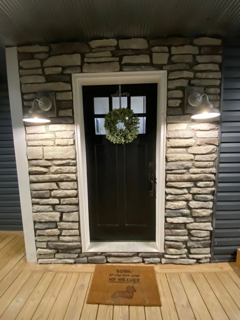 Rock Entryway Front Entry, Stone Around Front Door Entrance, Front Door Stone Entrance, Black Farmhouse Front Door, Front Door On Brick House, Stone Around Front Door, Entrance Farmhouse, Brick House Front Door Colors, House Entry Doors