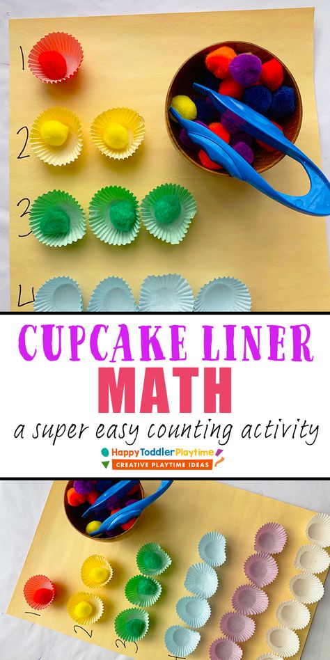 Cupcake Liner Math Activity - HAPPY TODDLER PLAYTIME Pre K Learning Activities At Home, Twos Preschool Activities, Preschool Kitchen Activities, Math Toddler Activities, Simple Prek Activities, Math Lesson Plans For Preschoolers, Early Math Activities Preschool, Cognitive Food Activities Preschool, Baking Activities For Kindergarten