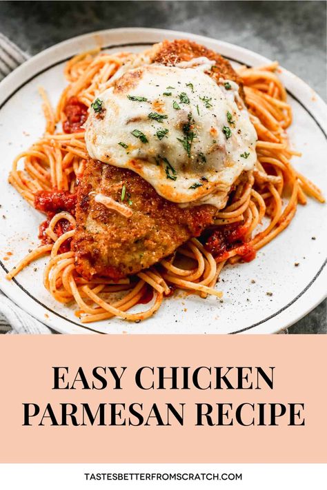 This easy Chicken Parmesan recipe is restaurant quality with breaded chicken, marinara sauce, mozzarella, and parmesan cheese. via @betrfromscratch Chicken With Marinara Sauce, Chicken Prep, Chicken Parmesan Recipe Easy, Chicken Marinara, Chicken Parmesan Recipe, Tastes Better From Scratch, Parmesan Recipe, Easy Chicken Parmesan, Scratch Recipes