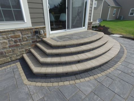 Steps — 9 Trees Landscape Construction Patio Paver Steps, Backyard Patio With Steps From House, Paver Patio With Steps, Concrete Patio Ideas With Steps, Patio Steps From House, Patio With Steps Down From House, Patio With Steps, Airpark Homes, Cooking Fireplace