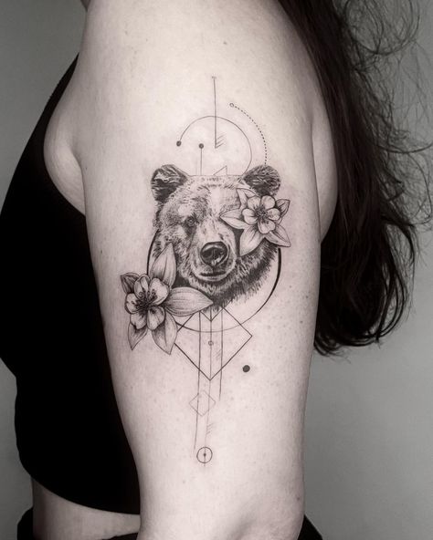 Bear with some columbine flowers! 🐻🌸 Love being able to explore different styles of tattoo designs with my clients. Sometimes it means being pushed out of my comfort zone a little but I really like how this one turned out. Nicole came all the way from Switzerland so we had to finish this in one session 😅 it was a long day but we pushed through and had a great time! Thank you @nicole.ruflin 🙏 Would love to do more pieces like this! Link in my bio if you want to book with me 🙂🫶 #denvertattooa... Couples Bear Tattoo, Bear And Flowers Tattoo, Bear Tattoos Feminine, Switzerland Tattoo, Tattoo Bear, Different Styles Of Tattoos, Bundaberg Rum, Cubs Tattoo, Bear Tattoo Designs