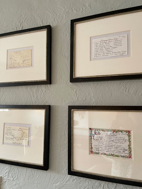 Framed Greeting Cards On Wall, Framed Recipe Cards, Framed Recipe Cards Kitchen Walls, Old Recipe Cards Display, Recipe Framed Handwritten, Framed Recipes, Everyplate Recipe Cards, Scripture Art, Dream House Interior